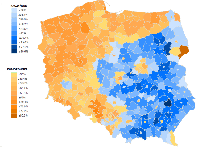 Harta electorala pentru alegerile prezidenţiale din Polonia, 2010. Courtesy of Wikipedia